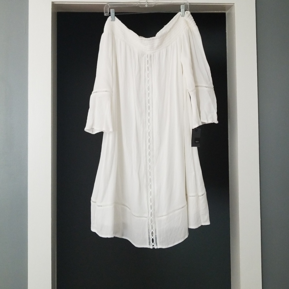 White linen off shoulder dress